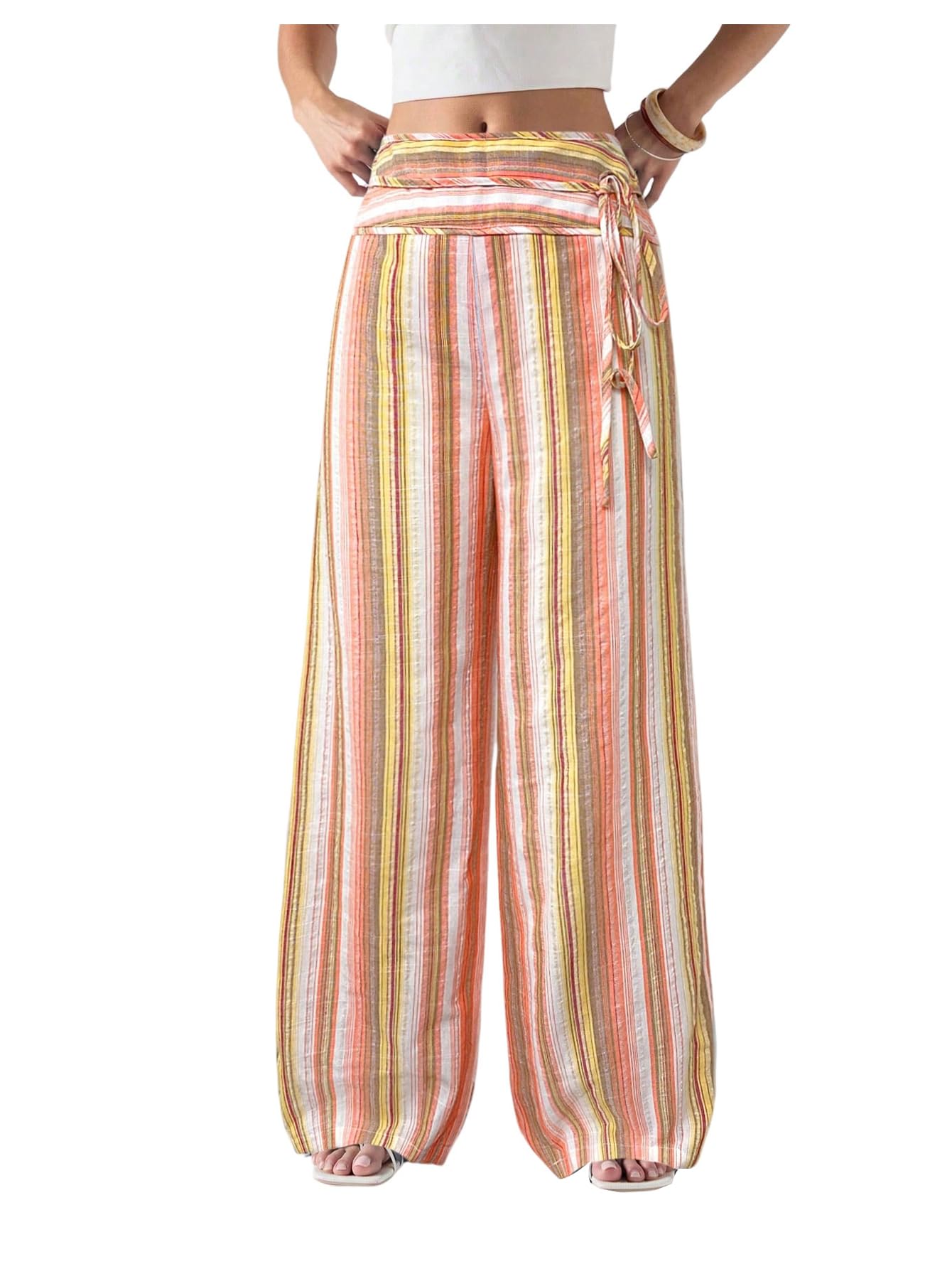 MakeMeChic Womens Striped Wide Leg Pants Tie Front Boho Travel Pants Fall Trousers