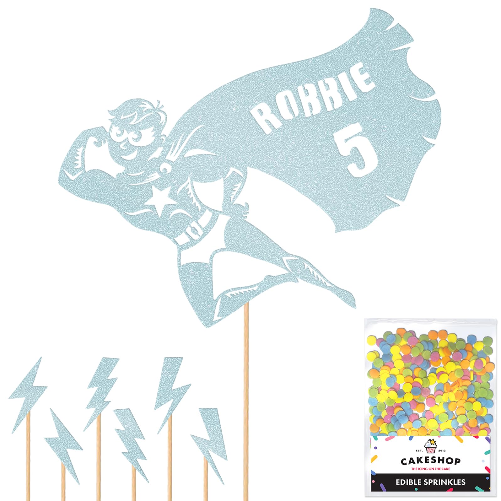 Personalised Superhero Comic Glitter Cake Topper- Light Blue Any Custom Age & Name Glitter Cake Decoration and Sprinkles - Happy Birthday Decorations - Personalised Toppers for Cakes by Cakeshop