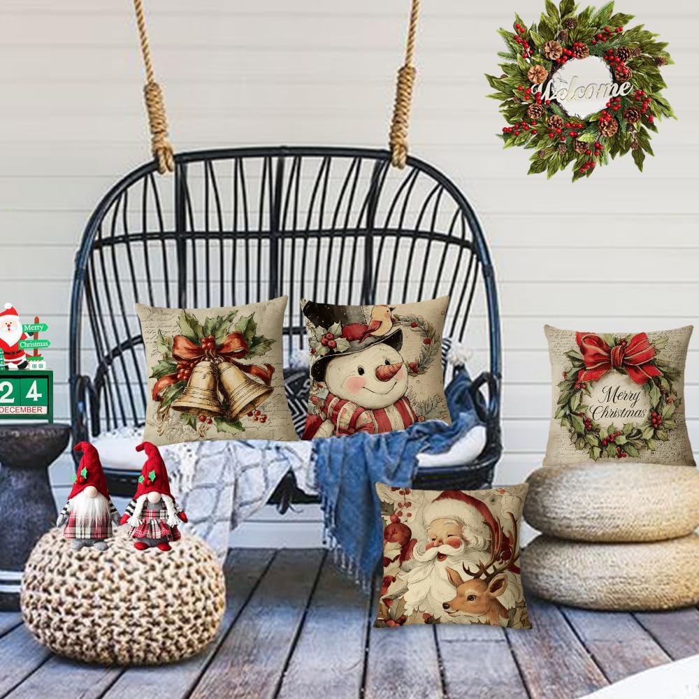 YeeJu Set of 4 Christmas Pillow Covers 20x20 Vintage Farmhouse Christmas Pillow Cases Gnome Snowman Santa Tree Xmas Holiday Cushion Covers Outdoor Couch Sofa Home Decorations(20)