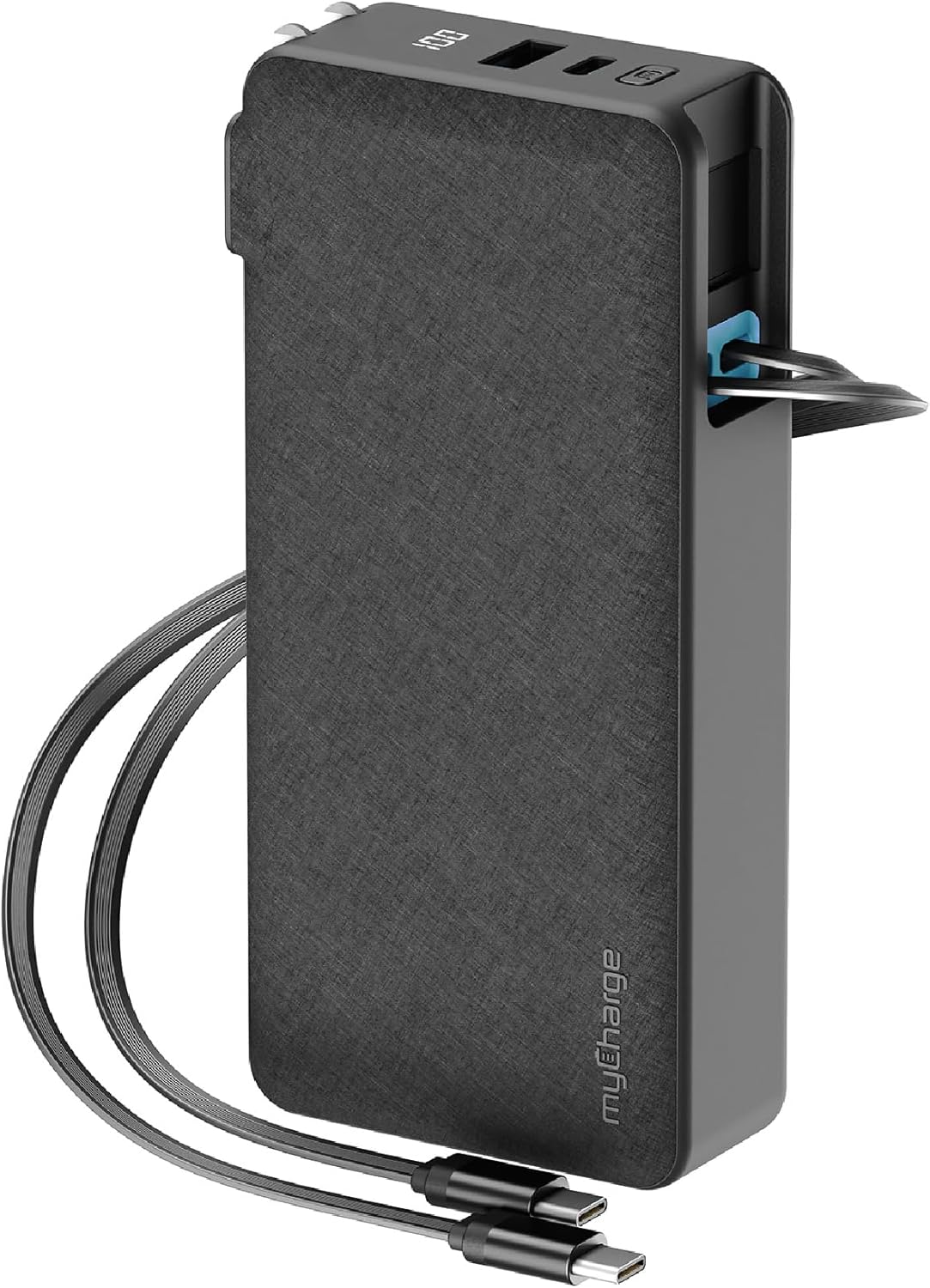 myCharge RetractaCharger 20000mAh Portable Charger Power Bank for Laptops, Phones & Tablets with 28-inch Retractable Dual USB-C Cables | Premium Fabric | Built-in Wall Plug | 30W PD Fast Charging
