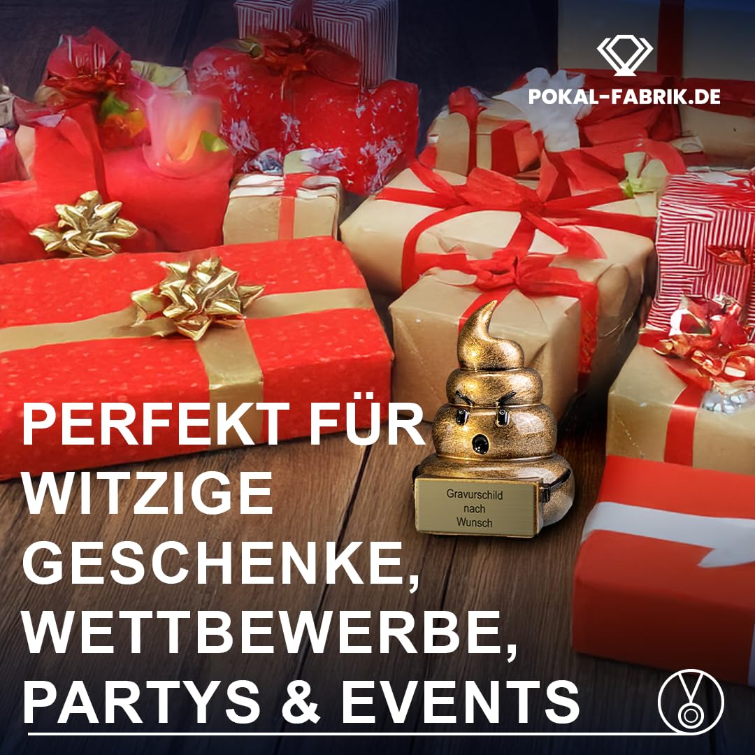 Pokal-Fabrik Lustiger Pokal mit Gravur Wunschtext – Gold Trophäe als Kackhaufen-Emoji – Personalisierter Trostpreis & Gag-Geschenk für Verlierer, WM Pechvögel, Partys & Team-Events – 9,5 cm