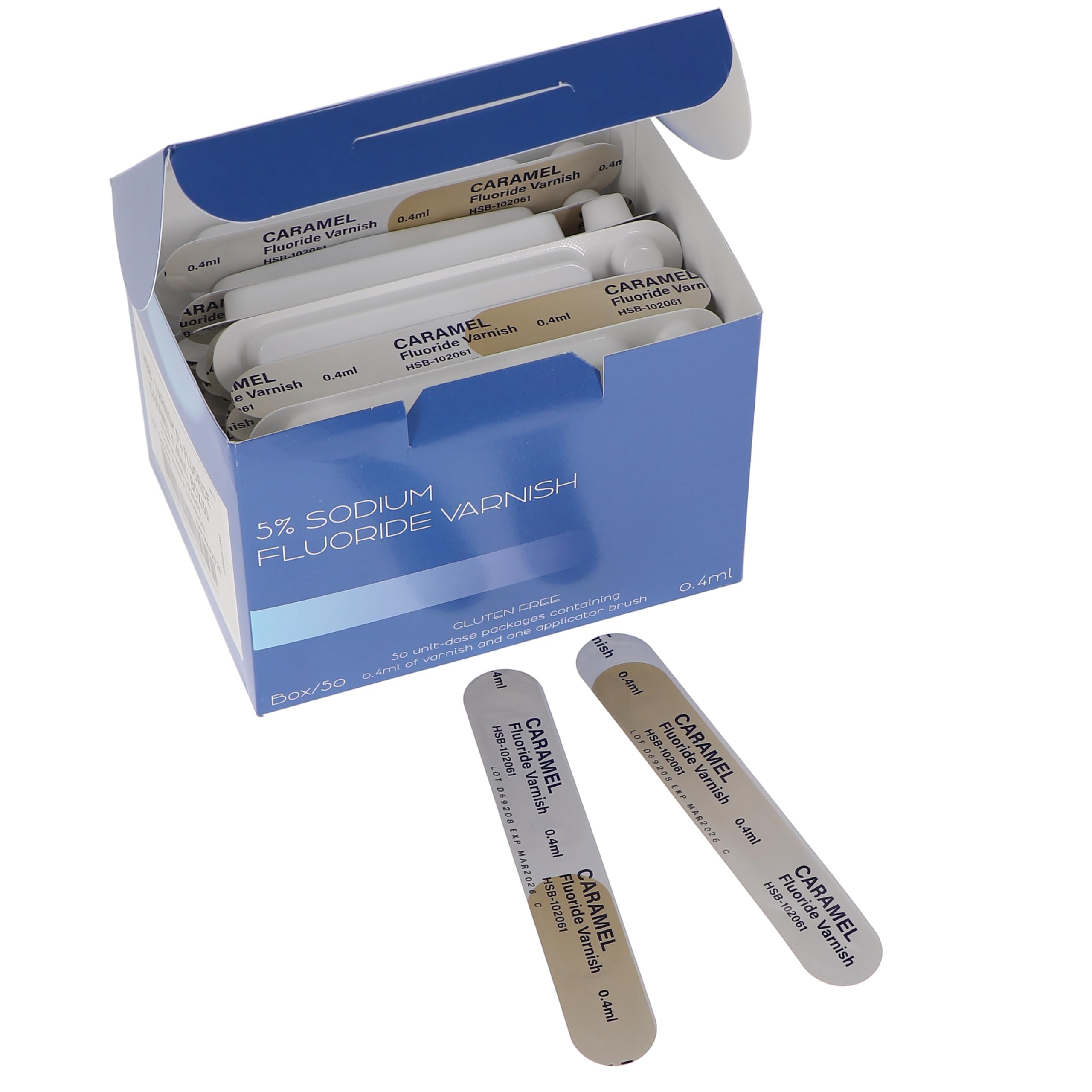 House Brand Dentistry 102061 HSB Fluoride Dental Varnish Caramel 50/Bx 0.40 mL