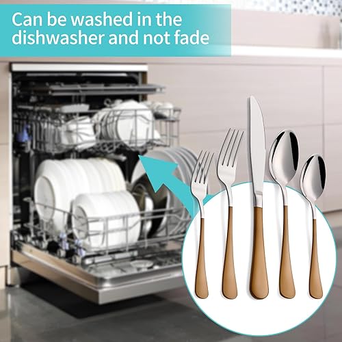 Miniatura 5 de Juego de cubiertos marrones de 20 piezas para 4, juego de cubiertos de acero inoxidable 180, incluye cuchillos, tenedores de cena, cucharas de cena,