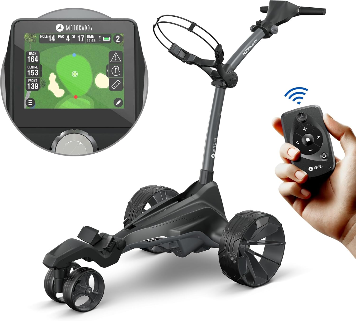 Motocaddy M7 GPS Remote Electric Golf Push Cart – All-Terrain, Bluetooth, 360° Rotation, Remote Control, Ultra-Lithium Battery, 230W Motors, Anti-Tip Wheel, GPS Touchscreen Display