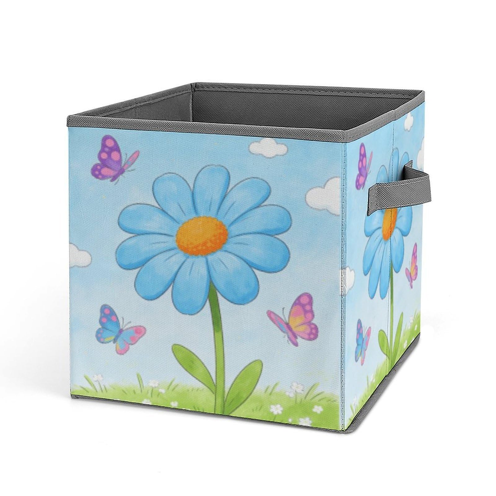 Light Blue Daisy Storage Baskets Collapsible, Exquisite Pattern Cube Box, Canvas Fabric Storage Bins with Handles, Clothe Organizer Box for Home Decorative Office Bedroom