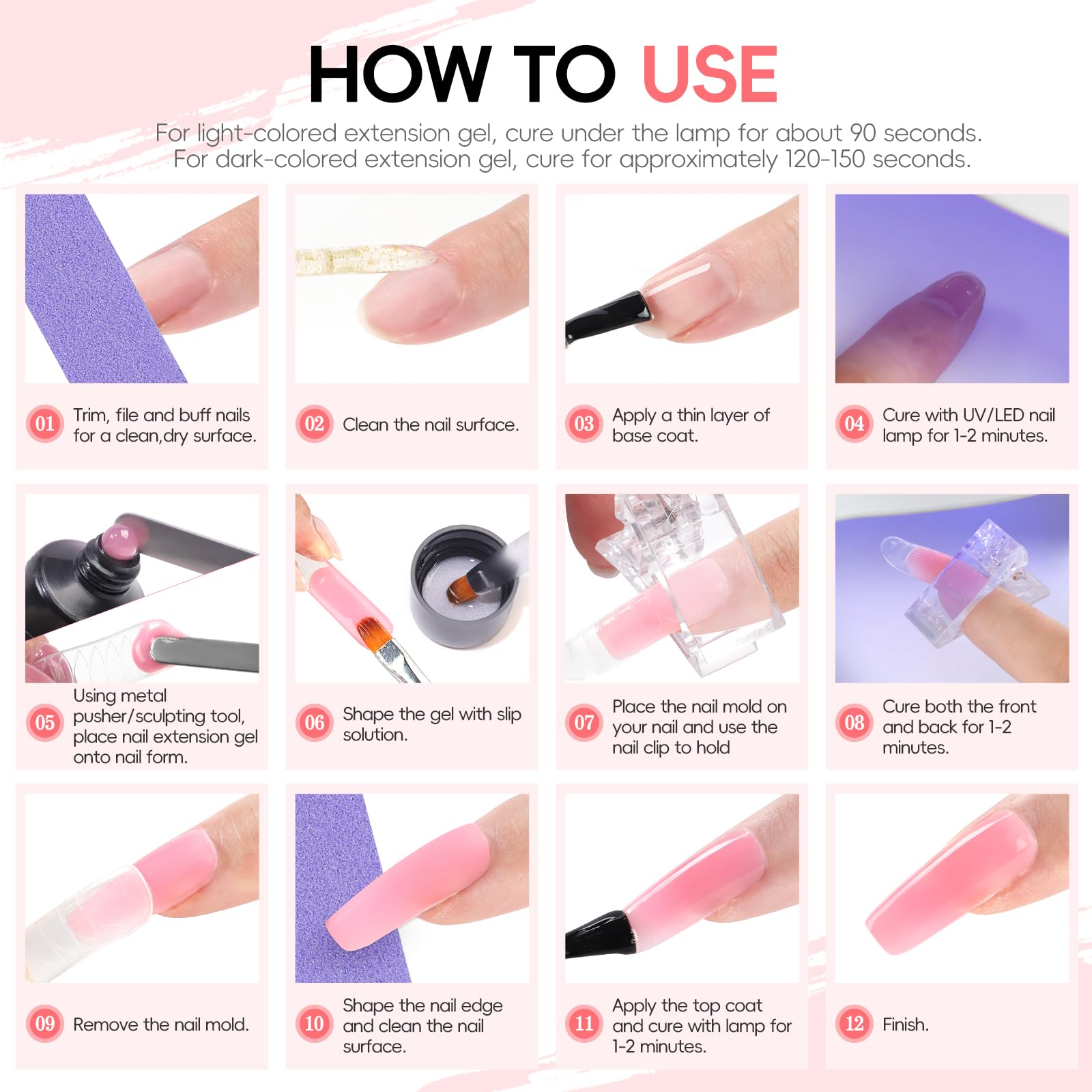 PEACECOLOR Kit Unghie Gel Completo Set Unghie Gel Ricostruzione 6 Colori Nudo Bianco Trasparente 16ml Set con Base y Top Coat per Principianti al Fai Da Te a Casa
