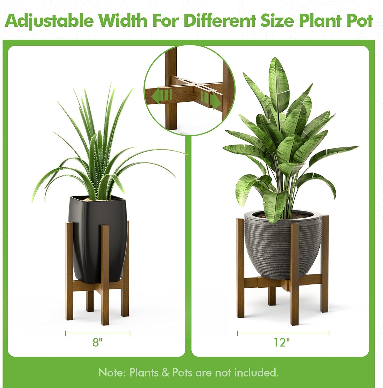 Easoger 2 Pack Plant Stand for Indoor Plants, Mid Century Modern Adjustable Plant Stand Indoor Plant Holder Rack for Living Room, Balcony Fits 8,10,12 inch Pots Bamboo Corner Plant Stand