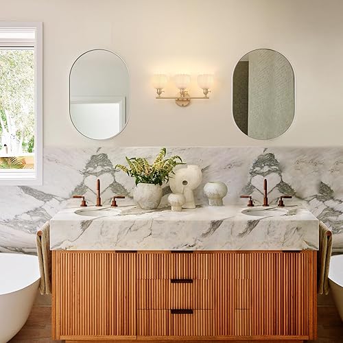 Miniatura 8 de Lámpara de baño, lámpara de pared de latón de 3 luces sobre espejo con pantalla de cristal de tulipán blanco para dormitorio, sala de estar