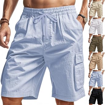 Mens Shorts Casual Cotton Linen Elastic Waist Summer Beach Vacation Shorts with Multi-Pocket