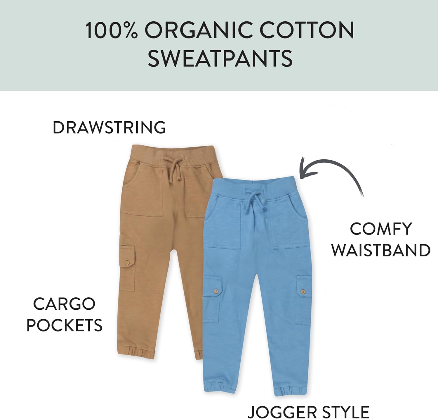 HonestBaby Unisex-Baby 2-Pack Easy Fit Cargo Sweat Pant 100% Organic Cotton Baby, Toddler, Boys, Girls, Unisex - Image 2