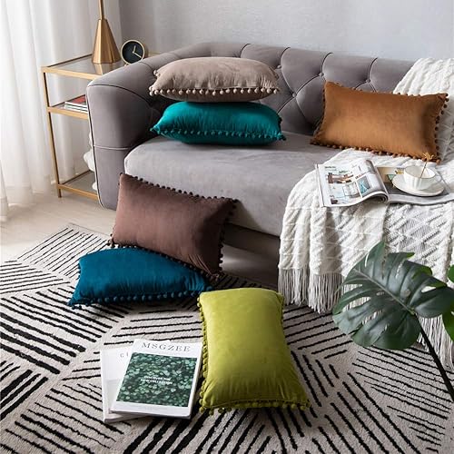 Miniatura 7 de DEZENE Fundas para cojines de sofá 12x20 (30x51 cm) Verde Amarillo Paquete de 2 fundas de cojín decorativas rectangulares de terciopelo suave con