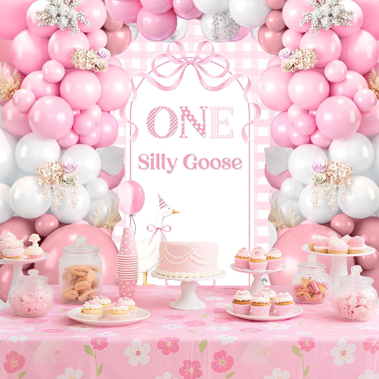 MEHOFOND One Silly Goose 1st Birthday Balloon Garland Arch Kit for Girls Pink Gingham Goose Theme Birthday Party Decorations with Backdrop 106PCS - Image 4