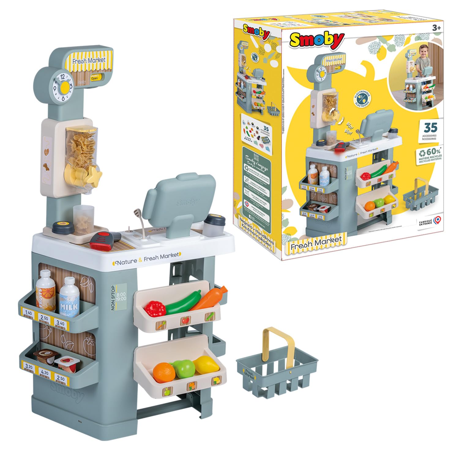Smoby - Nature & Fresh Market - Marchande Enfant avec Caisse Enregistreuse - Scanner Sons et Lumières - 35 Accessoires Inclus - Dès 3 Ans - Fabriqué en France