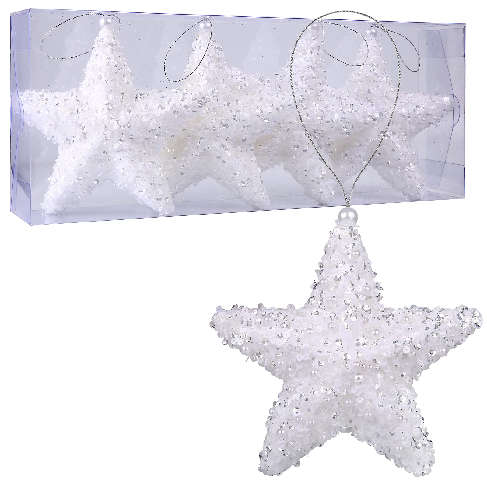 6" Five-Pointed Star Christmas Ornaments,4pc Set Christmas Decorations for Xmas Trees Hanging Ornaments, Wedding Party Holiday Decorations (White)