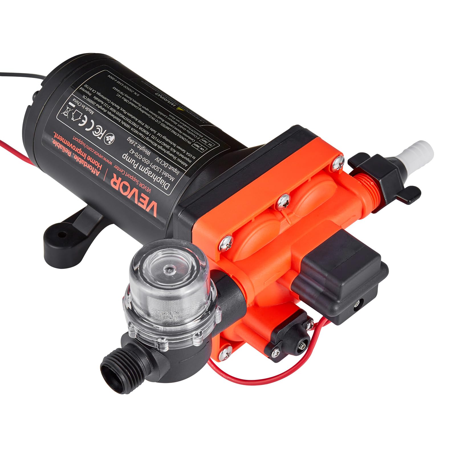 VEVOR Pompe à Eau à Membrane Auto-amorçante 12 V CC 18,9 L/min Pression 4,8 bar 4 Chambres, avec Pressostat, Pompe à Eau pour Camping-car, Lavage de Voitures, Bateaux, Irrigation Agricole, Jardin