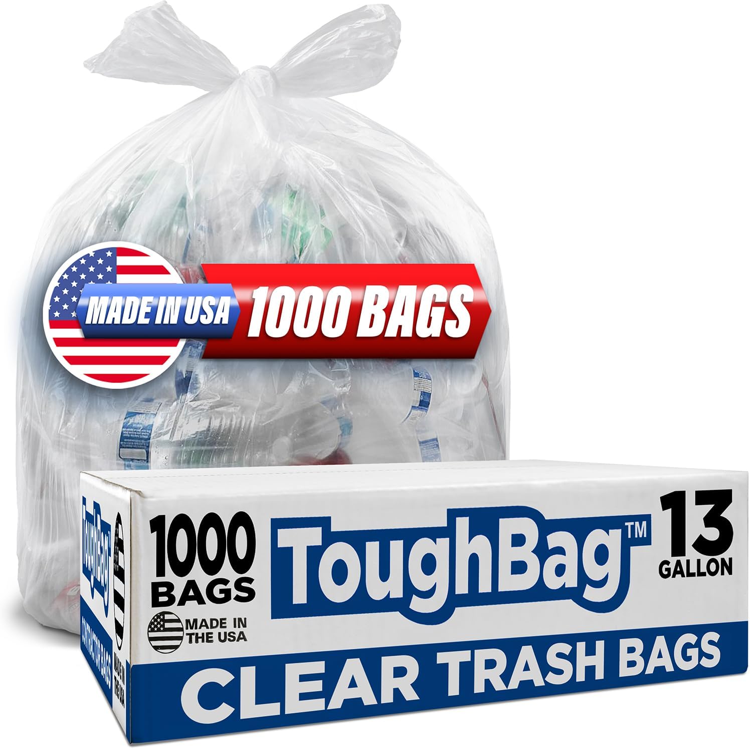 ToughBag 13 Gallon Clear Trash Bags, 24 x 33" Can Liners (1000 COUNT) – Bulk Trash Bag 13 Gallon Tall Kitchen 1000- Made In USA
