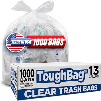13 Gallon Clear Trash Bags, 24 x 33" Can Liners 1000 COUNT Bulk Trash Bag 13 Gallon Tall Kitchen - Made In USA