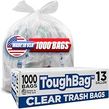 13 Gallon Clear Trash Bags, 24 x 33" Can Liners 1000 COUNT Bulk Trash Bag 13 Gallon Tall Kitchen - Made In USA