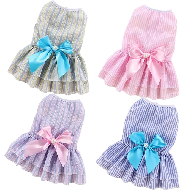Foto 6 de 6 de Vestido para perro, 4 piezas, ropa de perro pequeño con pajarita, suave, cómodo, transpirable, para chihuahua