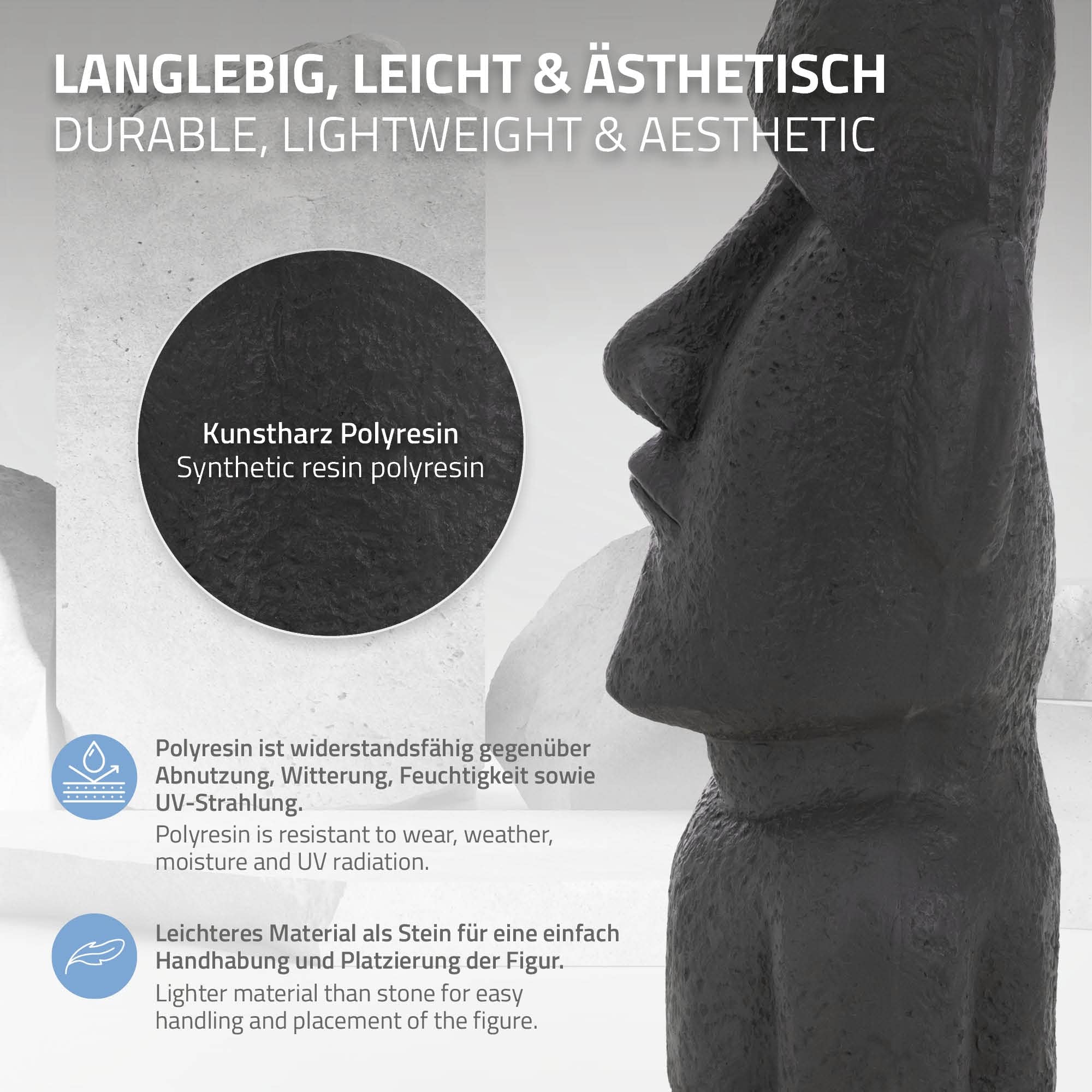 ECD Germany Testa Moai Rapa Nui Figura Alta 53,5 cm Resina Sintetica Poliresina Fusa Resistente alle Intemperie Antracite Statua dell'Isola di Pasqua Decorazione Casa Giardino Scultura Interno/Esterno