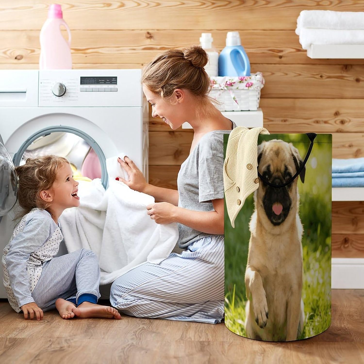 Cute Cartoon Dog Laundry Hamper 86L Waterproof Collapsible Clothes Basket with Double Handles Freestanding Foldable Laundry Basket Large Clothes Hamper for Bathroom