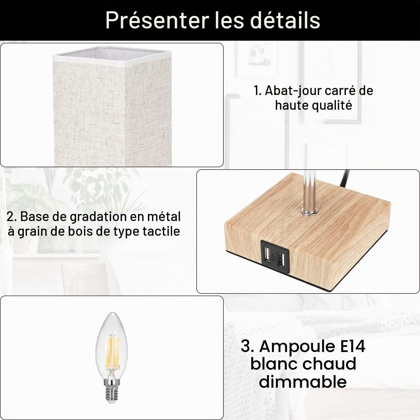 Lightess 2pcs Lampe de Chevet Bois Lampe de Chevet Tactile 3 Intensité USB Avec Ampoule E14 Abat-jour En Tissu Lampes De Table pour Chambre Bar Salon Hotêl Café Enfant Salon Bureau (Blanc Chaud) Carré