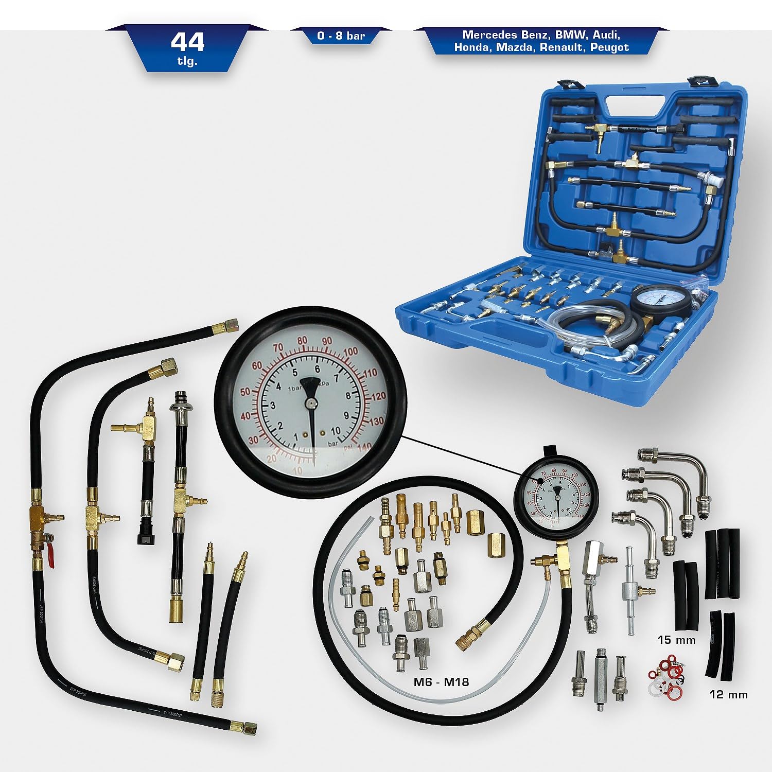 Coffret de Contrôle de Pression Essence BT581400-44 Outils Voiture pour Systèmes d'Injection de Carburant Mécaniques et Electroniques - Tous Types de Véhicules - BRILLIANT TOOLS