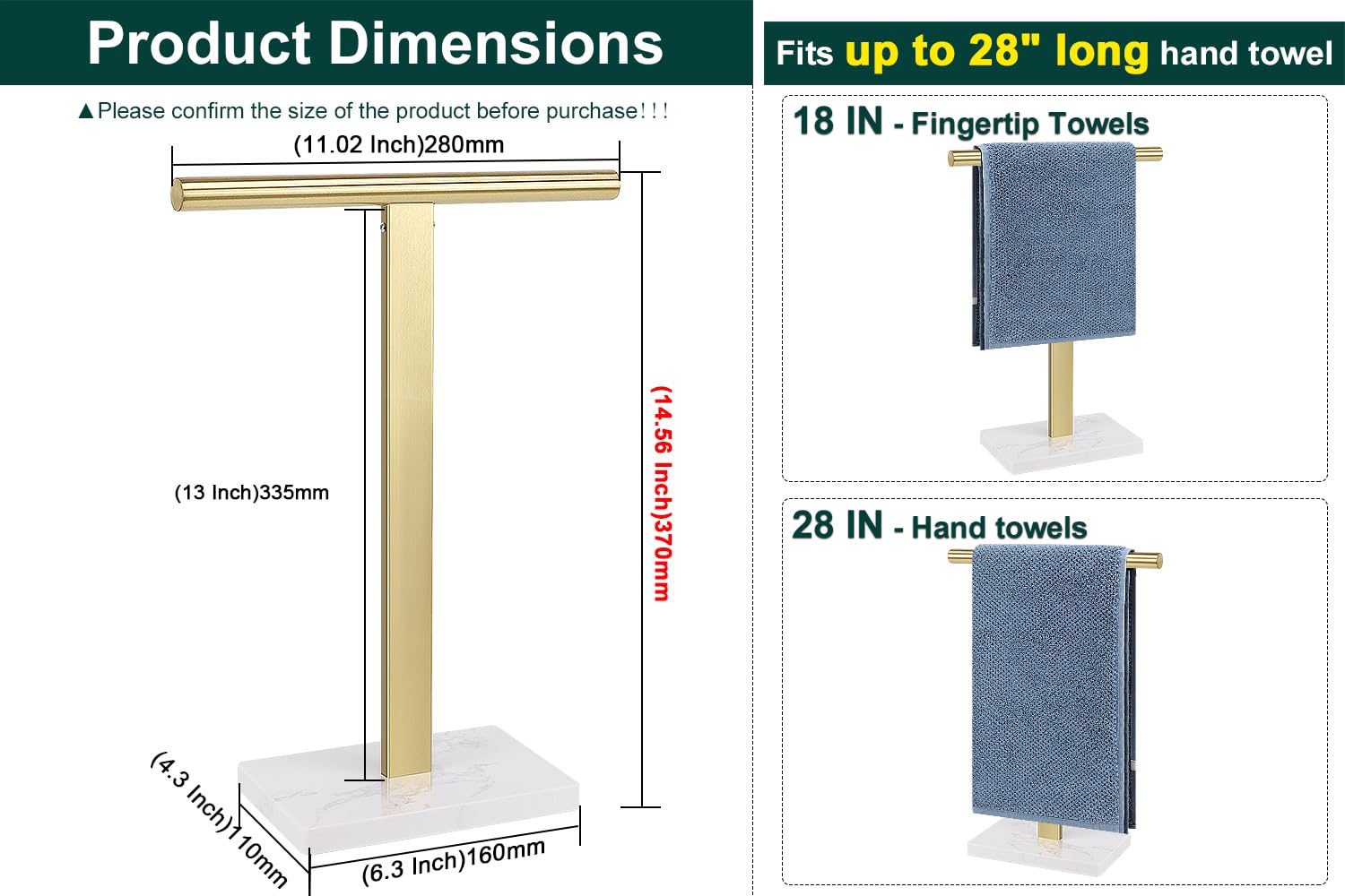 Soporte para toallas de mano, soporte para toallas de mano en forma de T para baño, toallero de mano para encimera de cocina, acero inoxidable 304 (base de mármol, dorado)