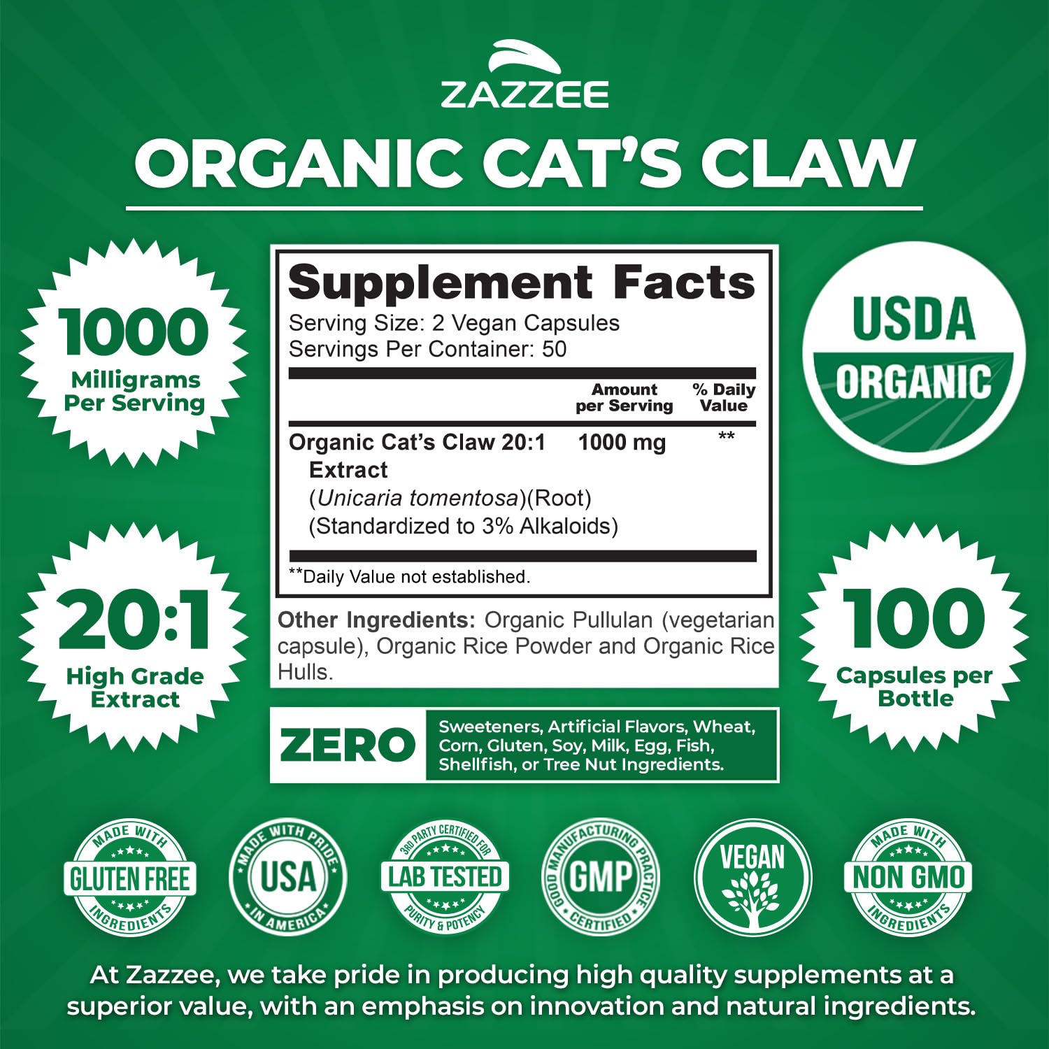 Zazzee USDA Organic Cat’s Claw 20:1 Extract, 3% Alkaloids, 100 Capsules — Amazon image 3