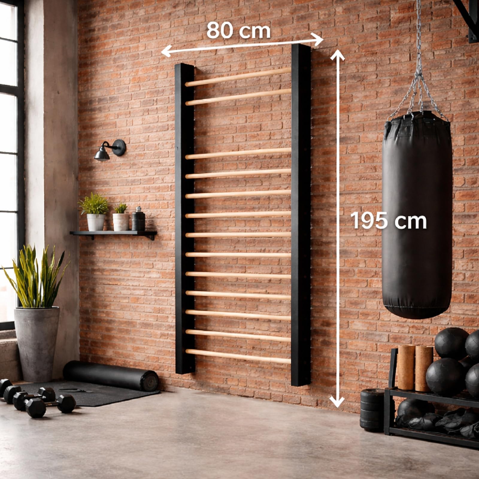 QLS Escalera de gimnasia de madera, 195 x 80 cm, de madera de haya y pino, soporta hasta 200 kg, para fitness y rehabilitación, montaje en pared