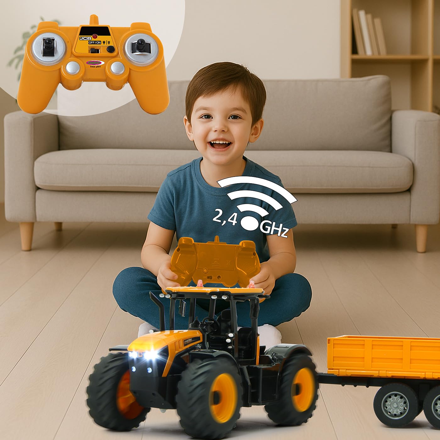 JAMARA JCB Fastrac traktor z przyczepą uchylną 1:24 2,4 GHz – napęd na 2 koła, profilowane opony gumowe, światło LED, rolnictwo