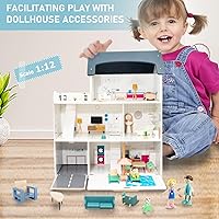 Vista 2 de 43PCS Wooden Dollhouse Furniture Set 6 Rooms with 5 Family Dolls,Wood and Plastic Dollhouse Accessories, in/Outdoor Scenes Pretend Play Toys