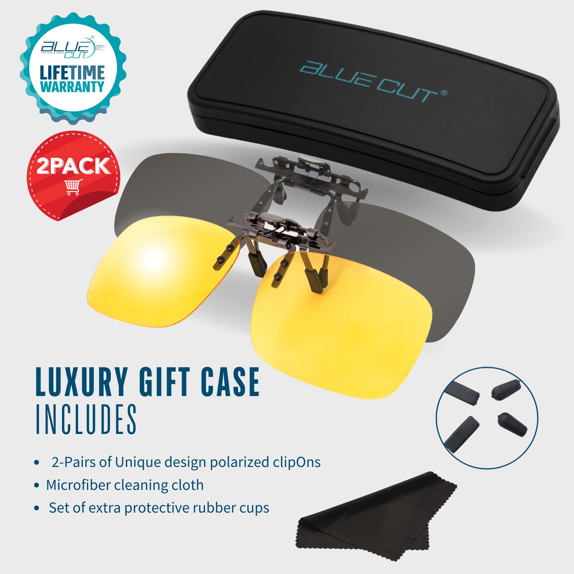 BLUE CUT Clip on Polarized Sunglasses Flip up Anti Glare UV-400 to Wear Over prescription Glasses for night driving… (GREY)…