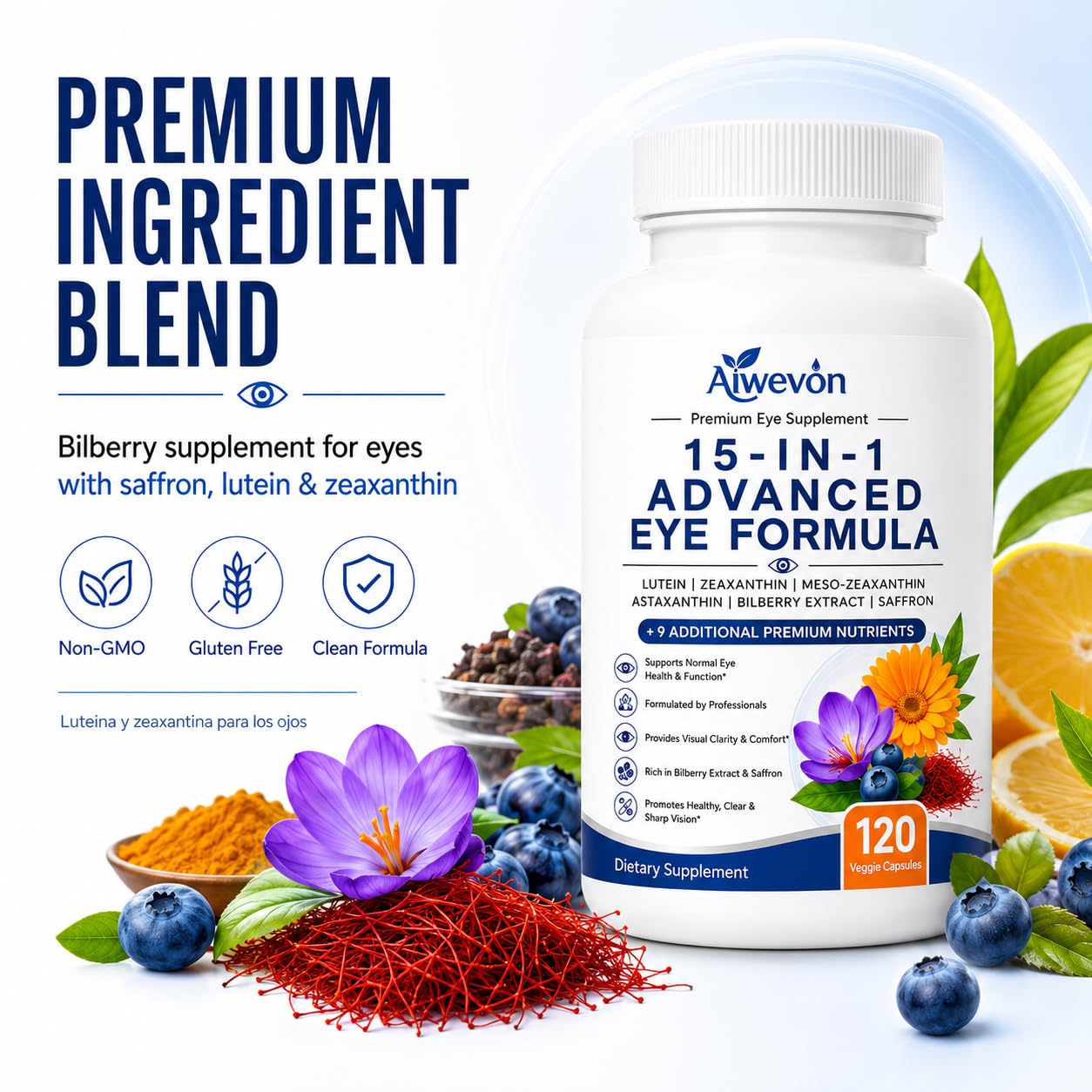 15 in 1 Advanced Eye Formula, Eye Vitamins Supplement with Lutein Zeaxanthin Meso Zeaxanthin, Bilberry Extract & Saffron, Eye Health Support Capsules for Adults, Daily Vision Nutrition, 120 Count — Amazon image 7