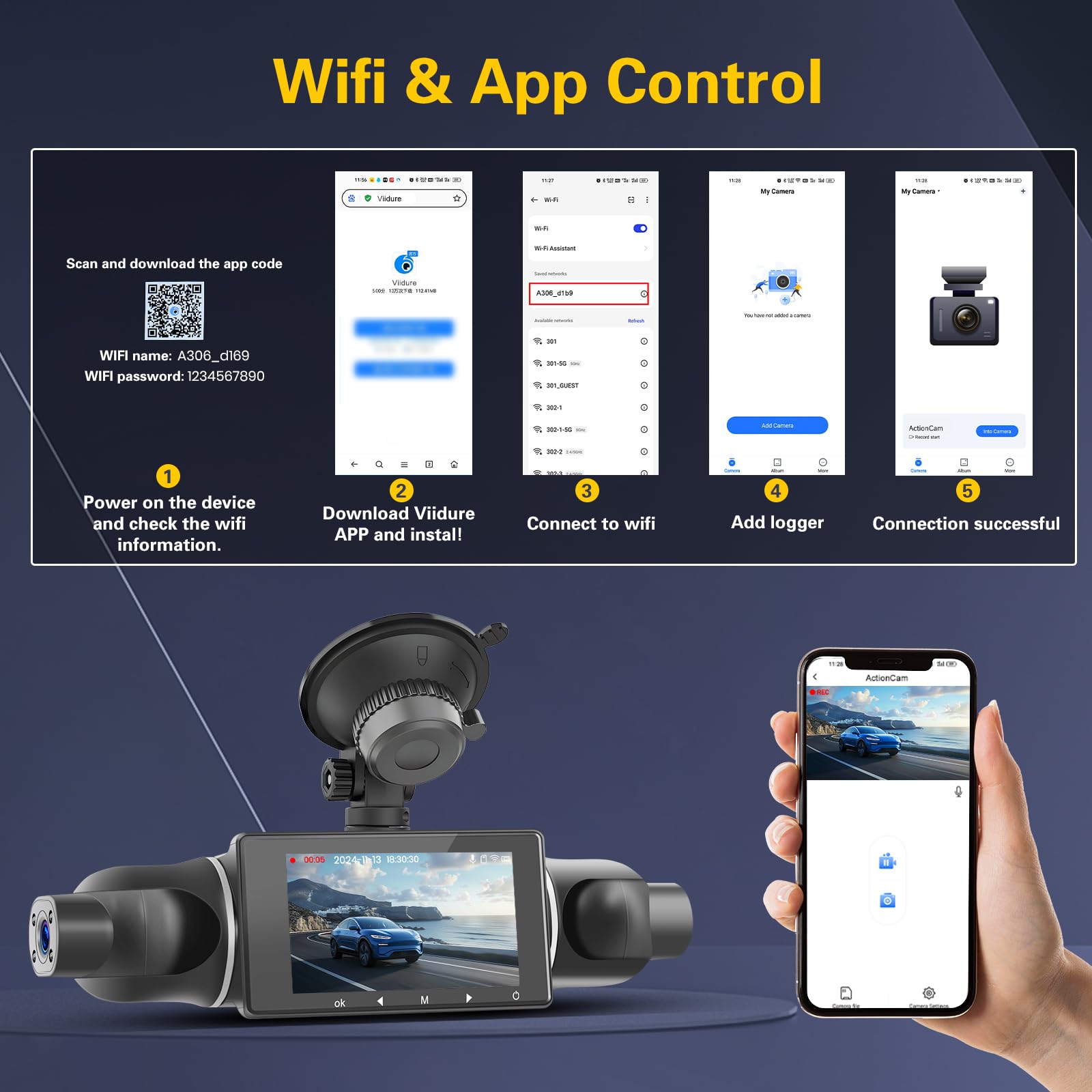 Hikity 3" 1080P WiFi Dashcam 4 Dashcam avec DVR G-Capteur Carte TF 64G