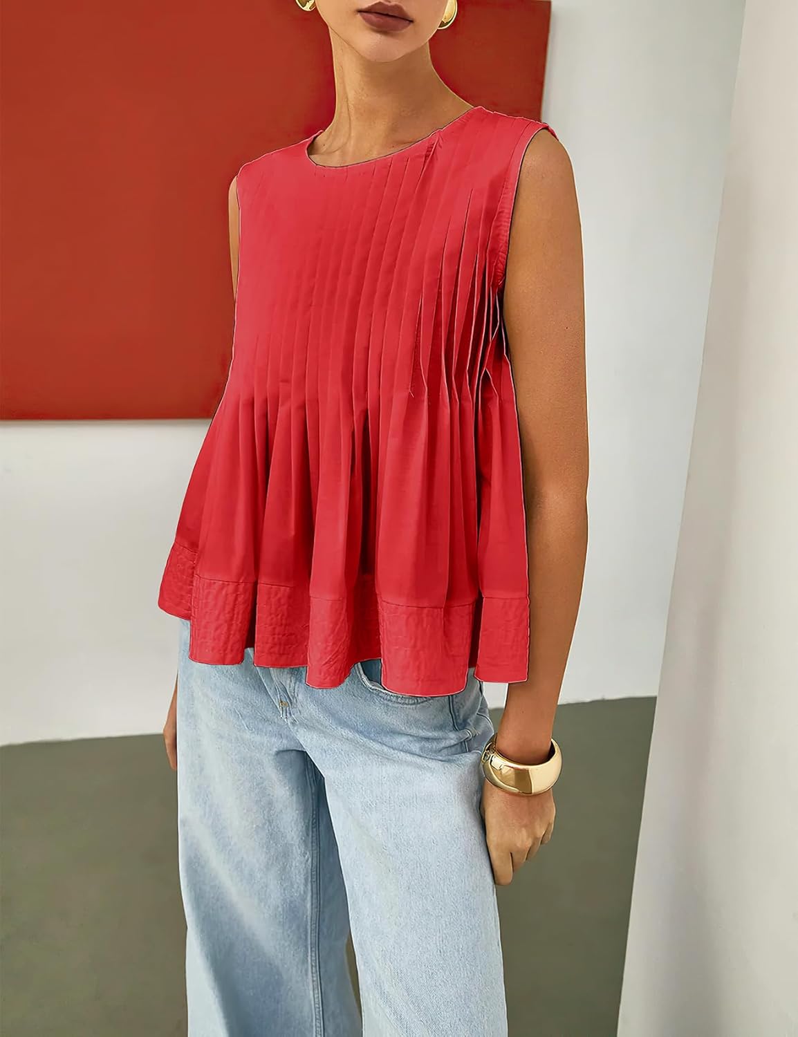 PEHMEA Women's Summer Pleated Peplum Tank Tops, Cute Sleeveless Round Neck Babydoll Blouse Shirt for Casual Office Daily Wear - Image 4