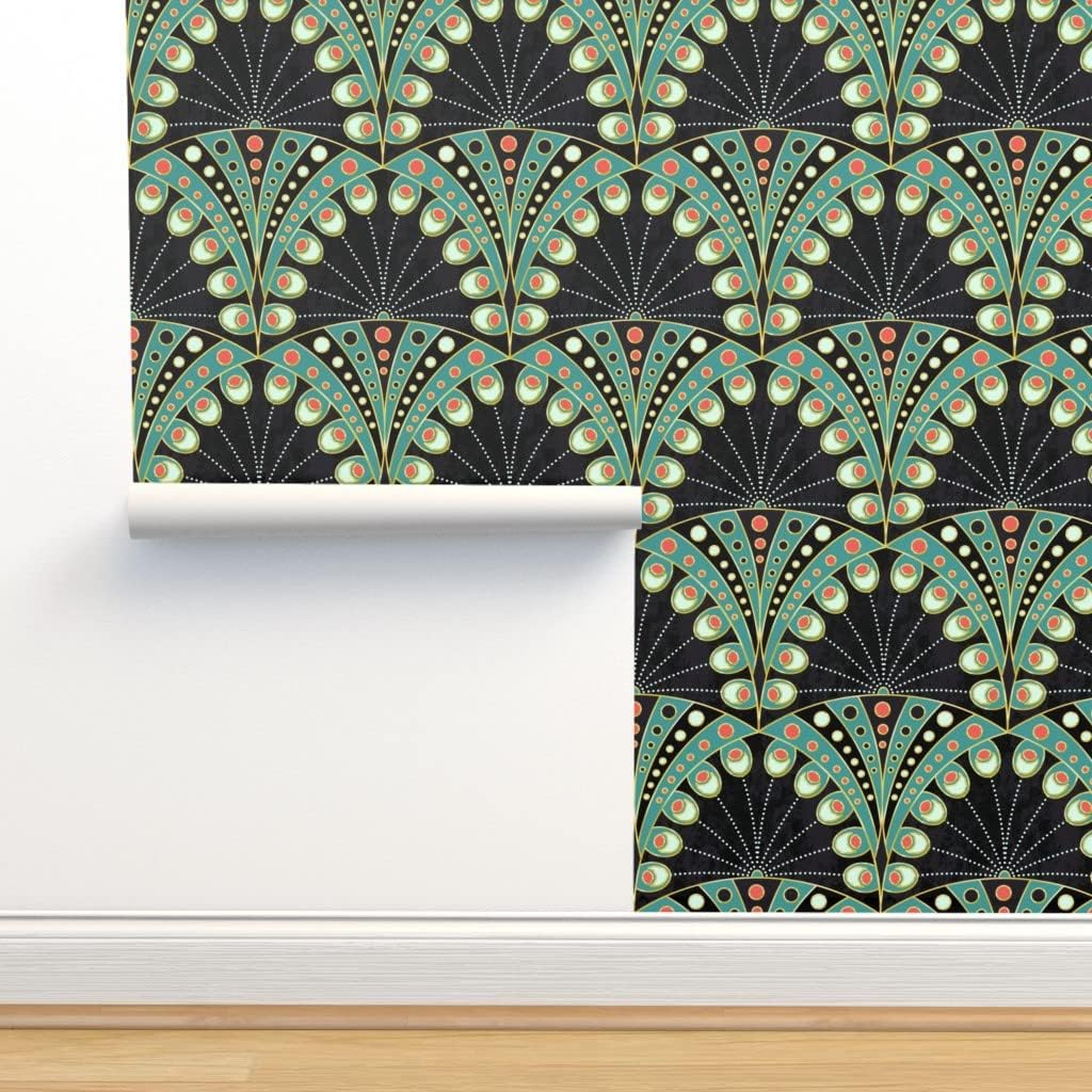 Commercial Grade Wallpaper Swatch - Peacock, Feather, Art Deco, Art Nouveau, Geometric, Boho, Bohemian, Bird, Green, Black, Elegance, Traditional Wallpaper by Spoonflower