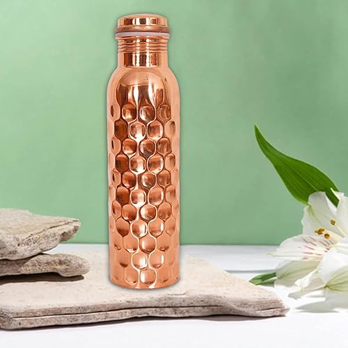 Miniatura 4 de Hammered Diamound Cut Botella de agua de cobre 32.1 fl oz Recipiente de cobre Baja ingesta de azúcar Disfrute de beneficios para la salud Yoga