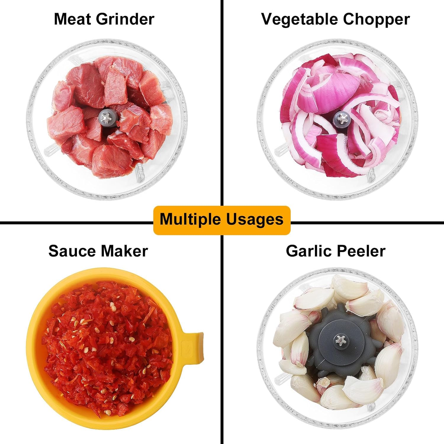 Four images showing the food processor performing different tasks: meat grinding, vegetable chopping, sauce making, and garlic peeling