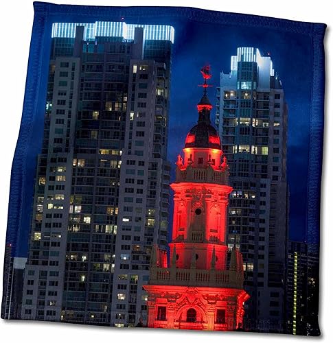 3dRose 11x12 Wash Cloth for Face and Body - USA, Florida, Miami, Elevated City View with Freedom Tower, Dusk. Skyscrapers