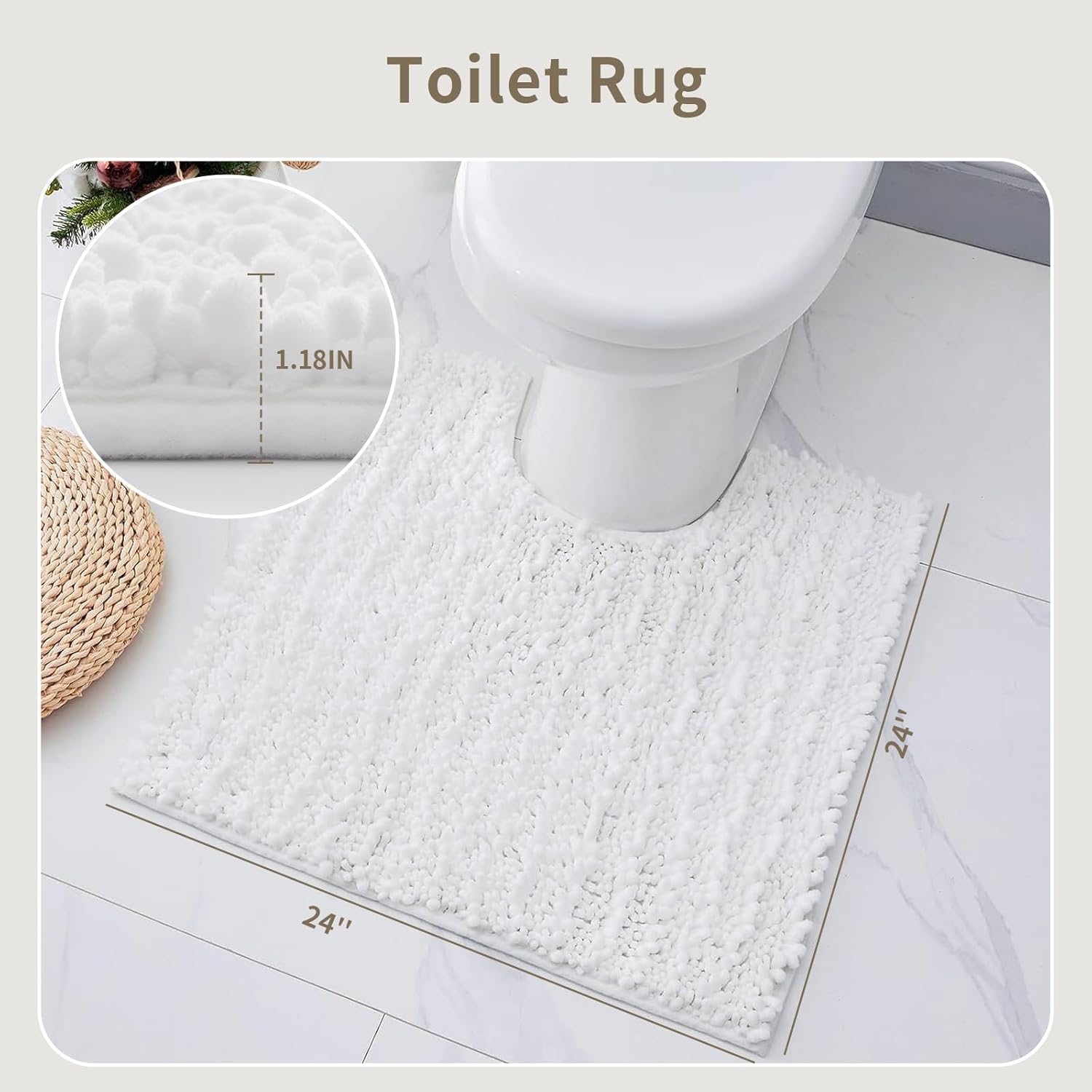 White Toilet Rugs U Shaped Washable, 24x24 Contour Bath Rugs for Toilet, Luxury Ultra Soft Chenille U-Shaped Toilet Rug, Non Slip Absorbent Machine Washable Bathroom Mat for Toile