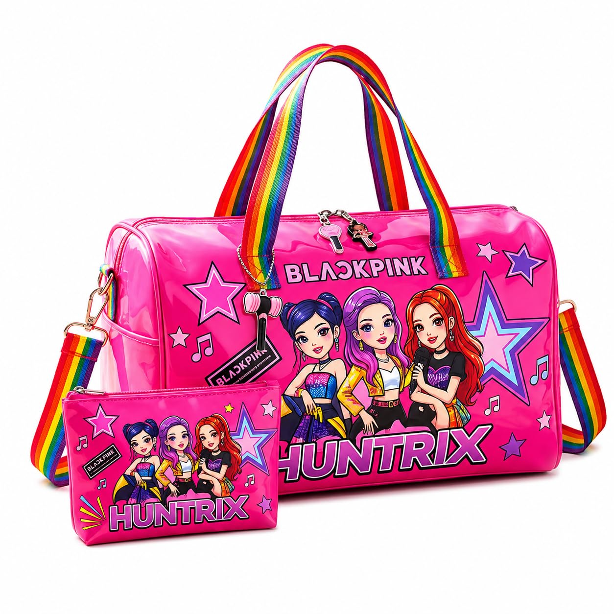 Trendy k-pops Huntrix Girls Travel Duffle Bag with Matching Pouch, Rainbow Handle Gym Bag for Kids Age 5-10 Years, Lightweight Travelling Bags for School, Swimming, Dance Class & Overnight Bag.-image-9