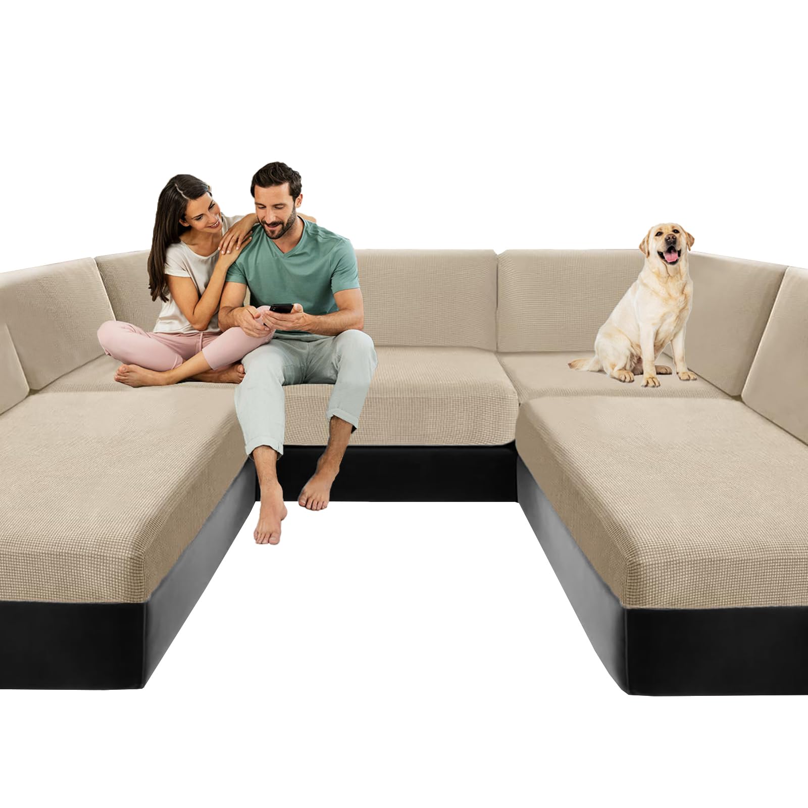 SYLC Caravan Seat Cover Stretch Jacquard, Non-slip RV Dinette Cushion Covers with 2 Straps, Couch Cushion Covers for Camper Sofa Bench (Beige,W 145-185 cm, D 45-65 cm) — view 2