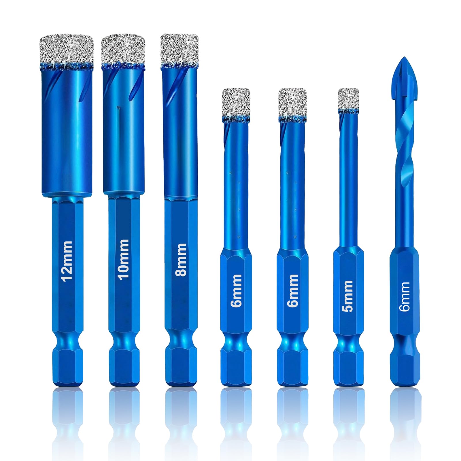 7 PCS Diamond Drill Bit, 5 6 8 10 12mm Hex Shank Tile Drill Bits Dry Drilling Bits Set Multi-Functional Porcelain Tile for Granite Ceramic Marble Stone and More