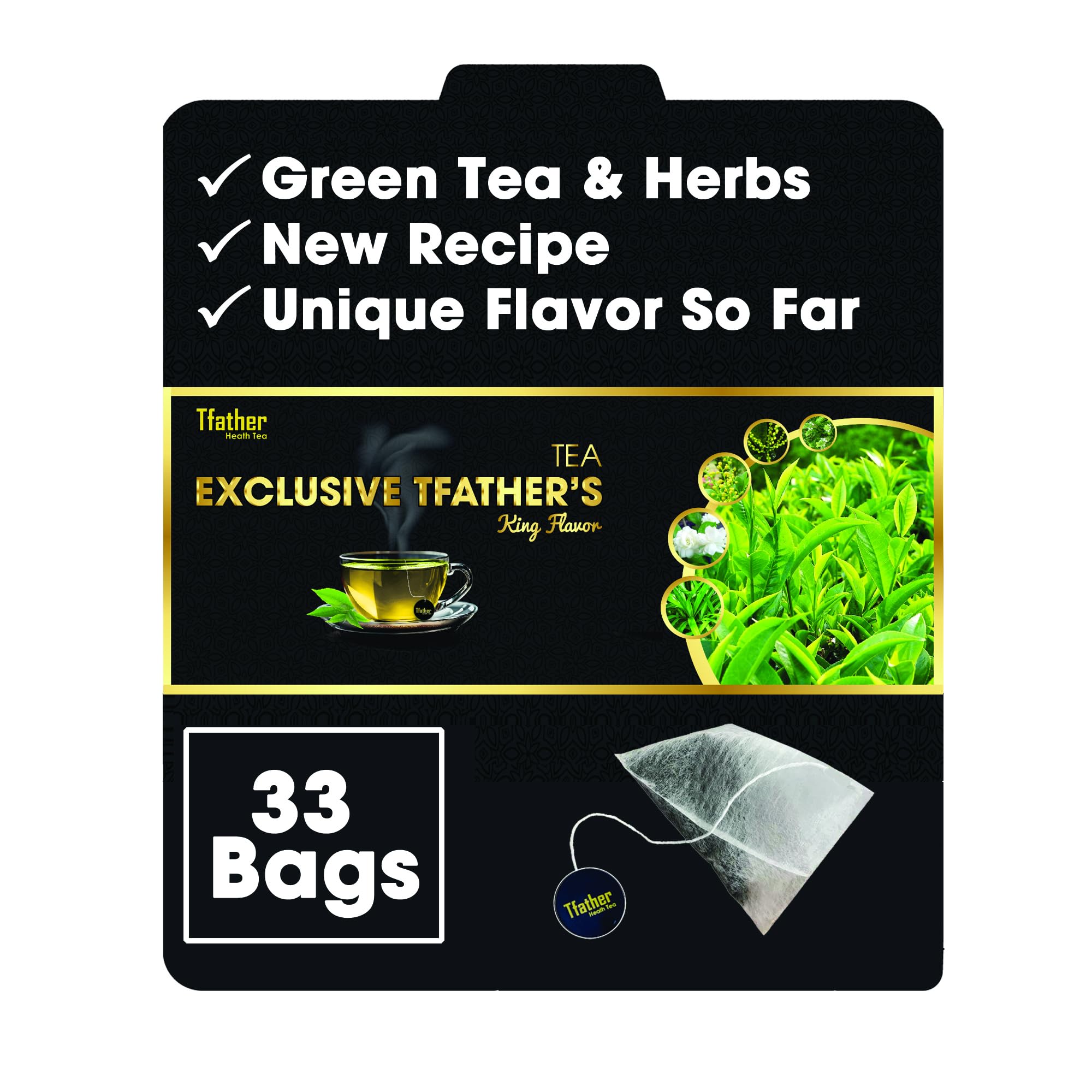 TFATHER – Green Tea Herbs, 33 Exclusive Tfather's Tea Bags with Dipping String – Flavor Chain of Green Tea, Jasmine, Pandanus & Herbs – Low Caffeine, Unique & Incredible Flavor