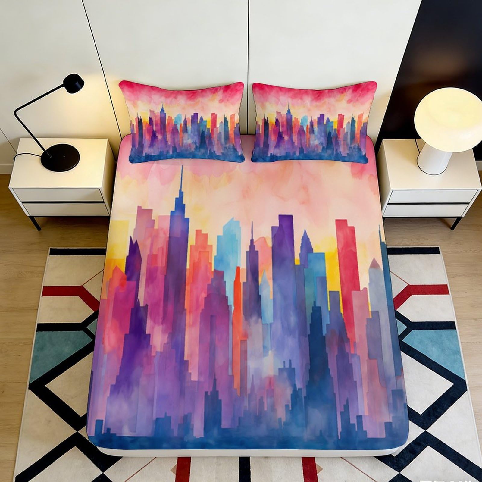 3D Printed City Skyline Fitted Sheet Microfiber Colourful Urban Bed Cover for Bedroom Guest Room Mattress Decor 90x200x25cm