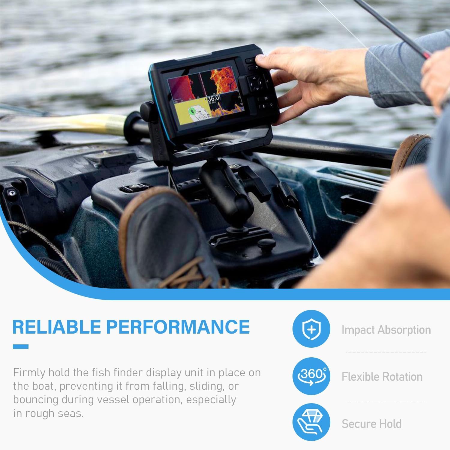 Fischfinder Support sphérique 1,5" en aluminium pour Garmin Echomap/Striker, Lowrance Elite/Hook/HDS & Humminbird Helix – Rotation à 360 °, inclinaison ± 90 °, qualité marine, plaque de montage