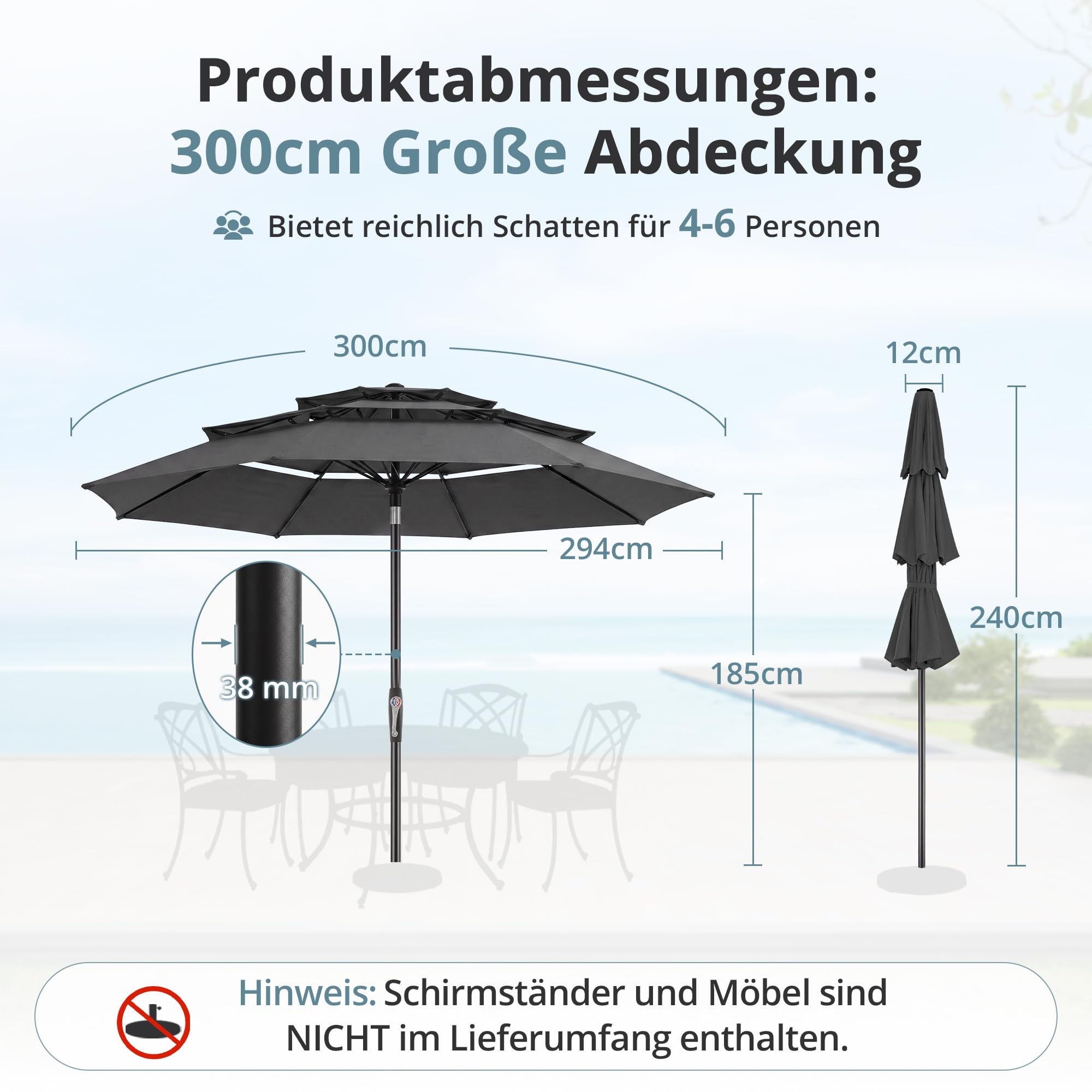 LUE BONA Sonnenschirm Ø300 cm,Sonnenschirm mit 3-Stufges Belüftetes Dach,Knickbar Marktschirm Windfest mit 8 Glasfaserstreben & Kurbel,UPF 50+ Terrassenschirm für 8 Personen,Anthrazit (Ohne Sockel)