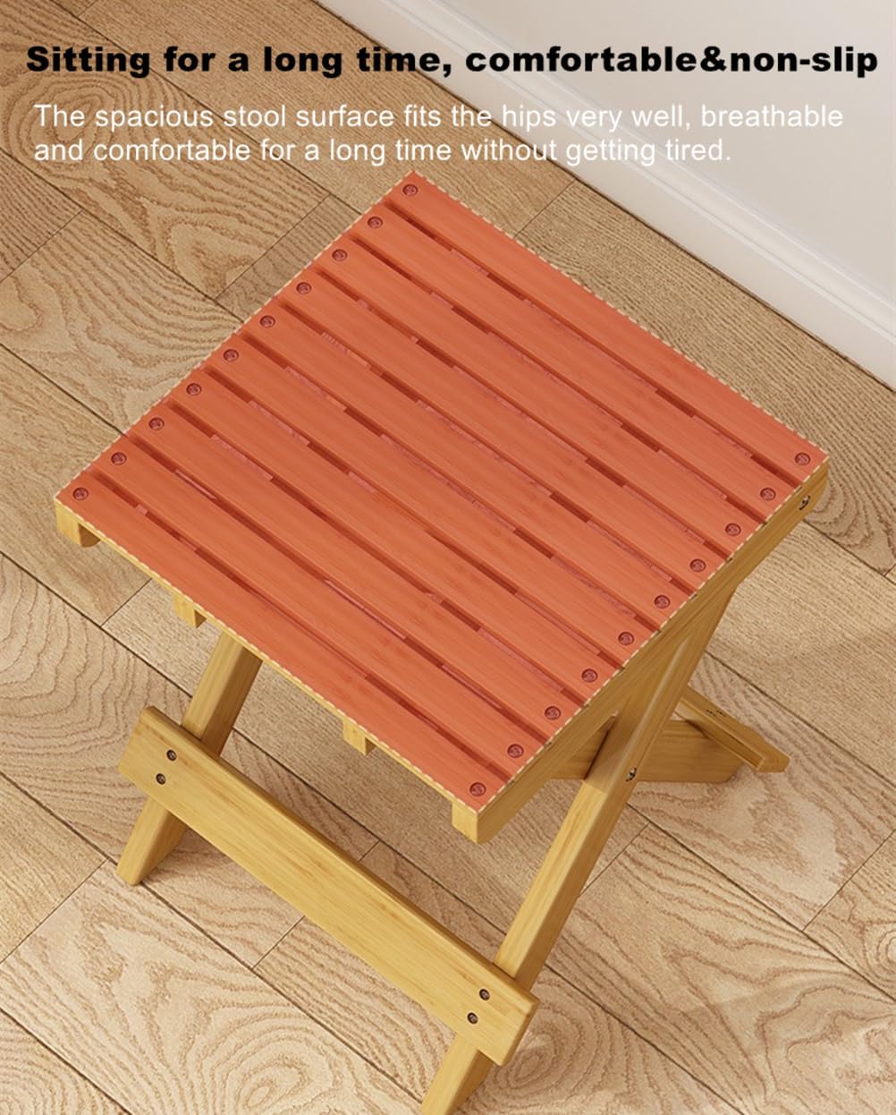 Bamboo Folding Stool Portable Outdoor Fishing Stool Home Camping Square Small Bench Campstool (Tawny Color)