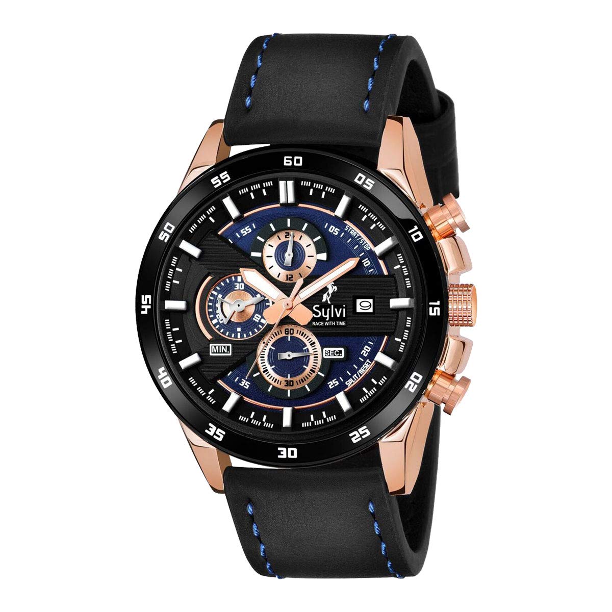 Sylvi Casual Multi-Function Working Chronograph Analog Display Rosegold case Black Mens Watch Leather Belt Gents Watches Stylish Branded (B0B5JMRT62) Amazon Price History, Amazon Price Tracker